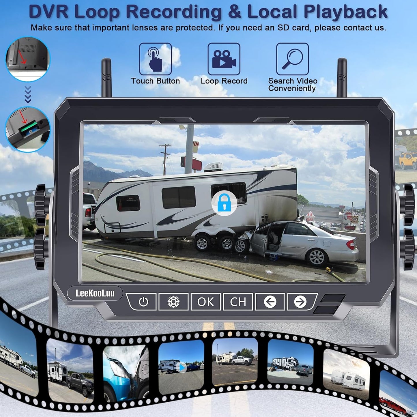 Dual RV Backup Cameras Wireless - Ease Install Plug-Play Recording HD 1080P 7'' Touch Key Monitor Trailer Truck Rear View Cam Night Vision Signal No-Delay 4 Channels for Furrion Pre-Wired Mount