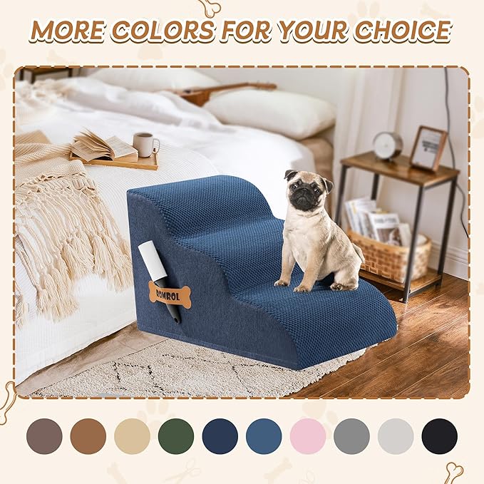 Romrol Dog Stairs Ramp for High Beds Couches, High Density Foam Pet Steps with Durable Non-Slip Waterproof Fabric Cover, Dog Stairs for Small Dogs or Cats or Pets, 3-Step,15 Inch,Dusty Blue