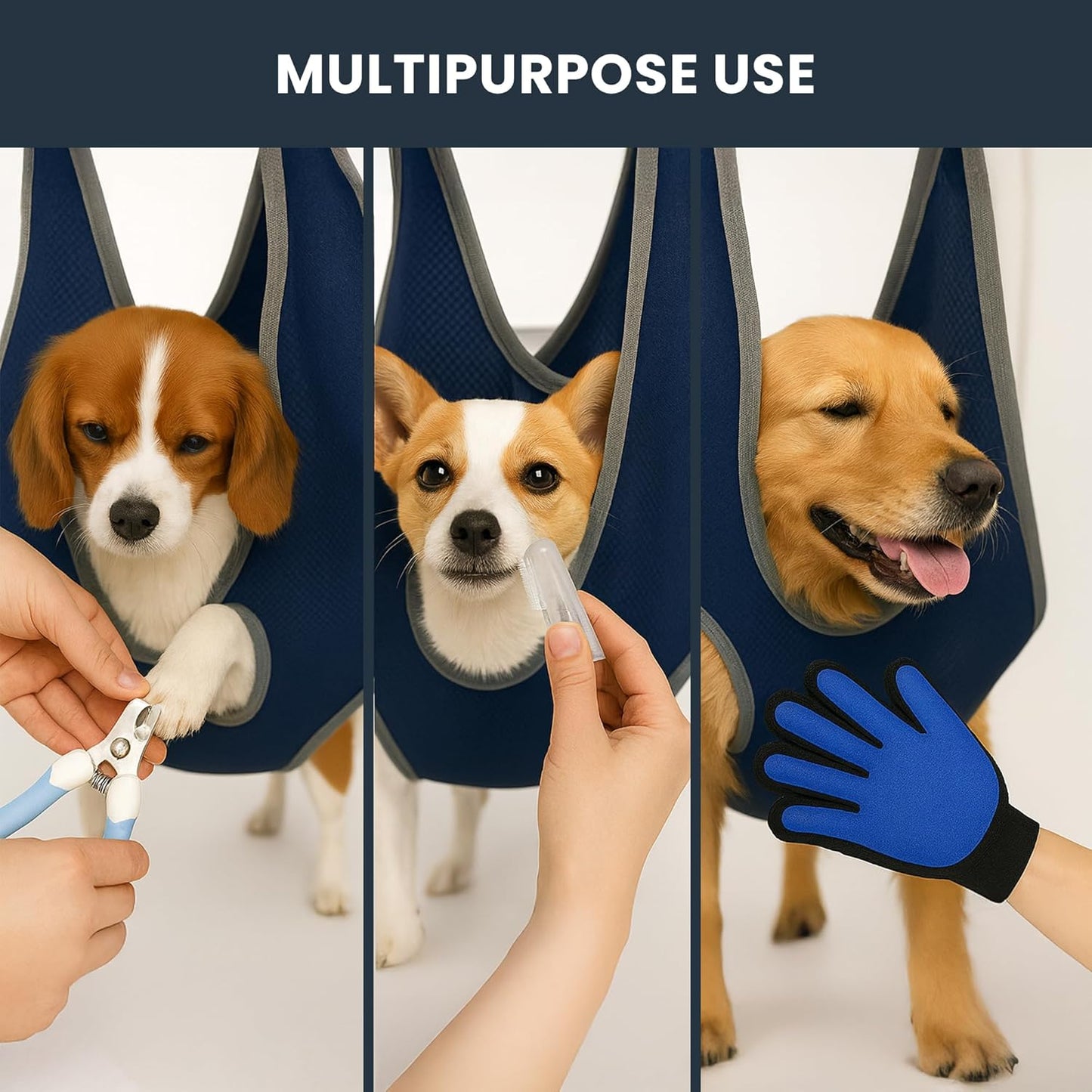 Pet Grooming Hammock Kit for Dogs & Cats, Includes Hammock Harness, Nail Clippers, Nail File, Grooming Glove, Dematting Comb, S-Hooks, Carabiners & Storage Bag for Easy Home Grooming Medium (86ร52) cm