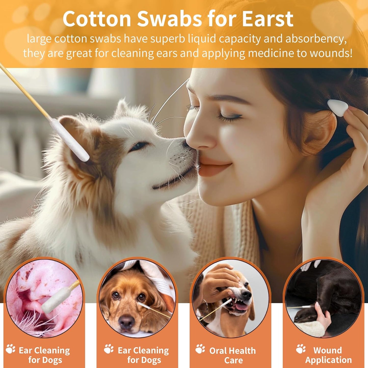 300 PCS 6 Inch Long Cotton Swabs in Box - Professional Large Cotton Swabs with Bamboo Handle - Double Sided Dog Ear Swabs - Specially Designed Big Cotton Swabs for Dog Ear, Cleaning Solution