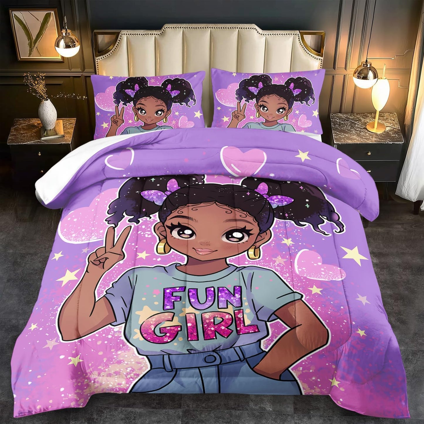 African American Black Girl Comforter Set Full Size,Cute Black Girl Bedding Set Full for Kids,Kawaii Heart Comforter Purple Bedding Decor for Teen,Purple Bed Quilt