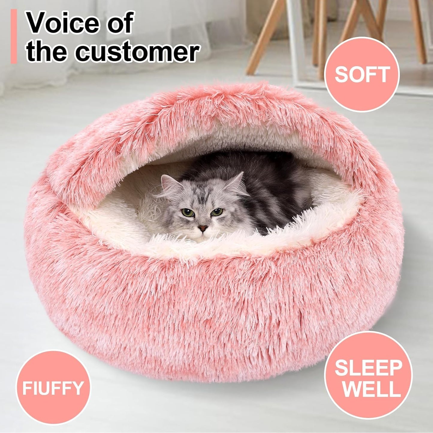 Calming Bean Mush Beds & Cat Cave with Hooded Cover, Removable Washable Round Beds for Small and Medium Pets, Anti-Slip Faux Fur, Fits Up to 15/25 lbs