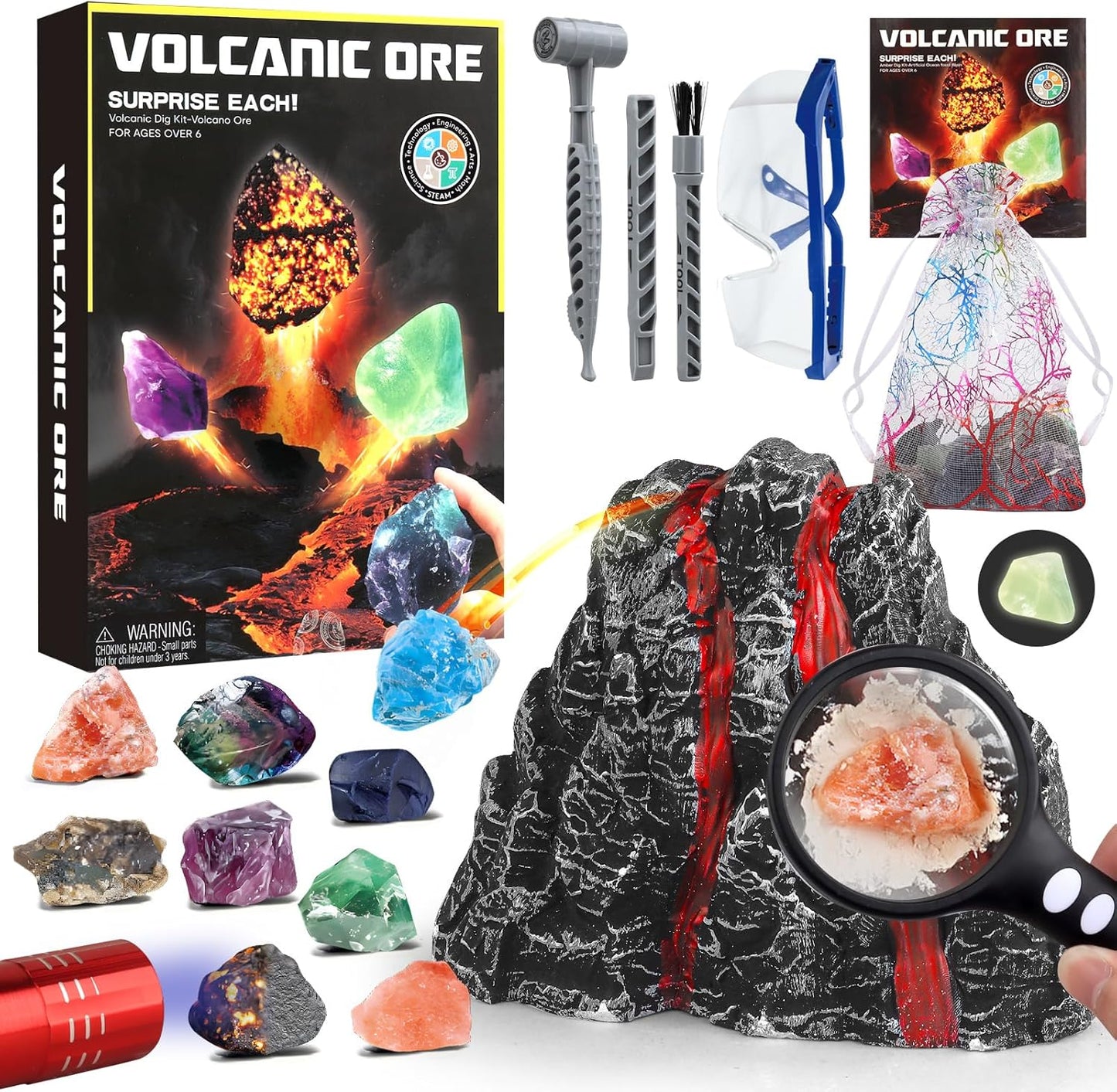 Volcano Dig Kit - 10 Rocks Excavation Kit, Gemstone Rocks for Kids, Fossil Volcano Toys Dig Kits for Rocks Collection, Volcano Toys for Boys Girls 6 and up Year Old Birthday Gifts