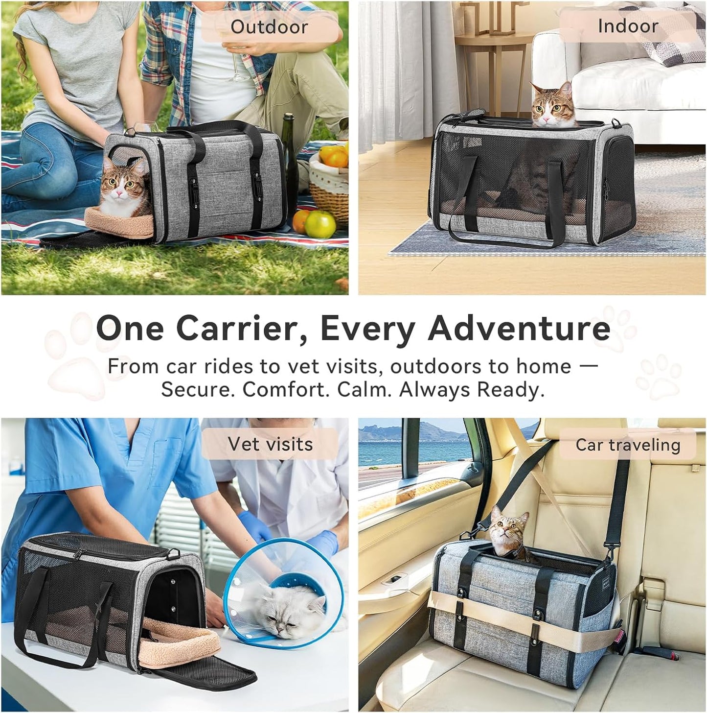 Petsfit Pet Carrier for Large Cats, Cat Carrier for Medium Cats and Puppy up to 20lbs, 4-Sided Breathable Mesh, Escape Proof and Locking Zipper, Sturdy Structure,Grey