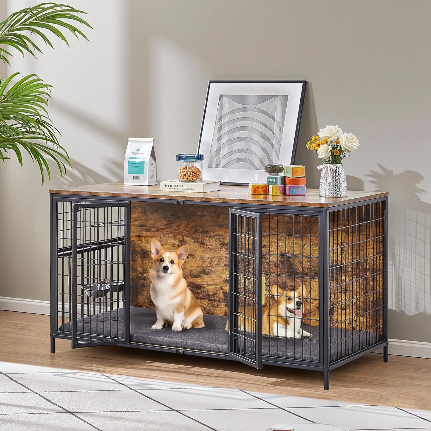 VECELO Dog Crate Furniture for Medium/Large Dogs, Wooden Dog Cage with Cushion, Double Door, Dog Kennel End Table, Brown