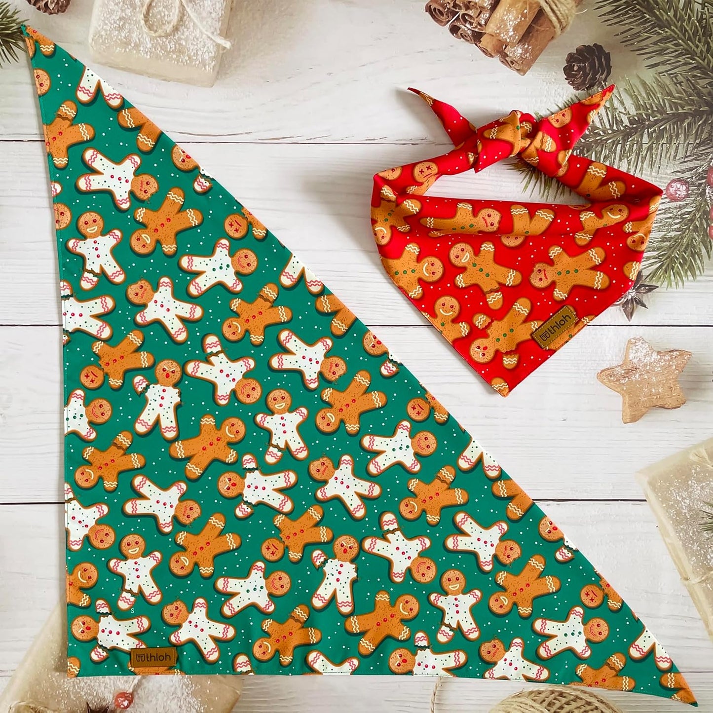 Christmas Dog Bandanas - 2 Pack Reversible Gingerbread Man Dog Scarf for Boy & Girl, Premium Durable Fabric, Festival Dog Bib, Holiday Bandana for Small and Medium Dogs (Small)