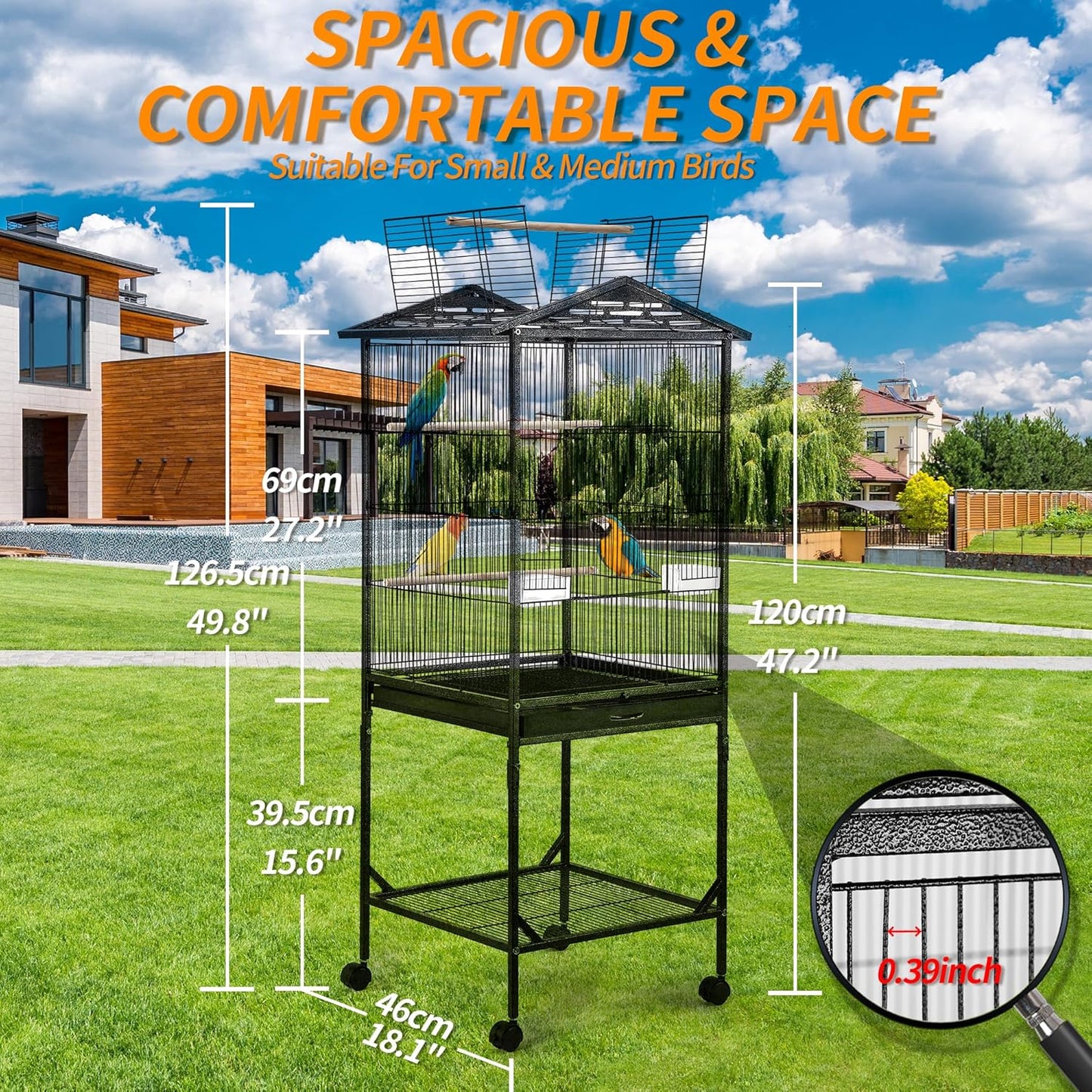 Bird Cage 47 inch Wrought Iron Parakeets Cage with Play Open Top and Rolling Stand Medium Small Bird Cage for Parrots, Budgerigars, Parakeets, Cockatiels, Lovebirds