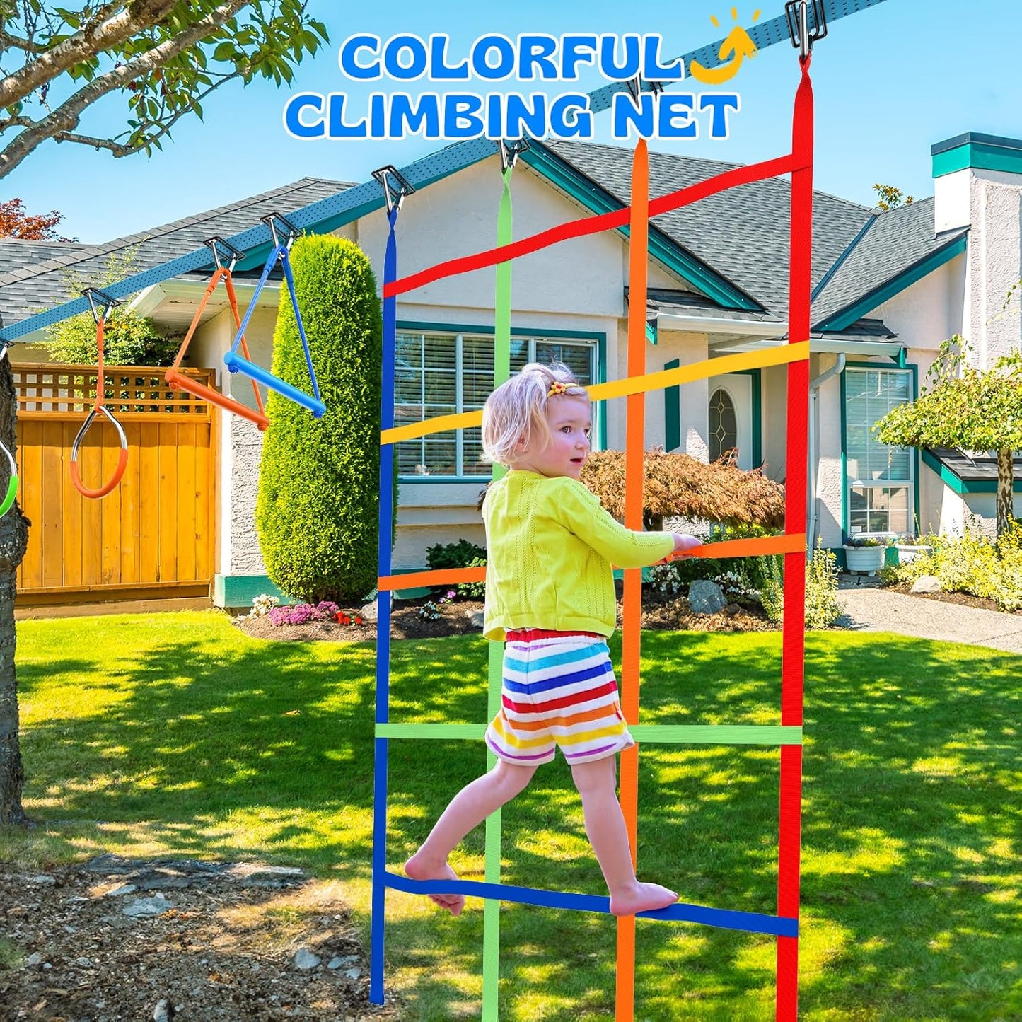 Hapfan 50 FT Ninja Warrior Obstacle Course Swing Set for Kids with Weather-Proof Accessories, Outdoor Playset with Monkey Bars for Backyard