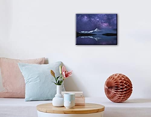 Peaceful Star Lake Landscape Wall Art For Bedroom,Starry Night Sky Over Snowy Mountain,Purple Milky Way Galaxy Scenery Decor,Giclee Canvas Print Picture, Inner Frame 12x16 Inches