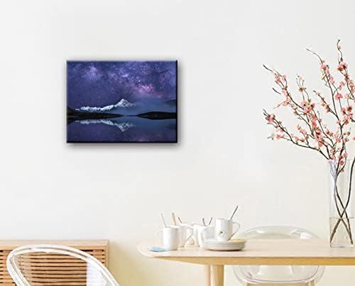 Peaceful Star Lake Landscape Wall Art For Bedroom,Starry Night Sky Over Snowy Mountain,Purple Milky Way Galaxy Scenery Decor,Giclee Canvas Print Picture, Inner Frame 12x16 Inches