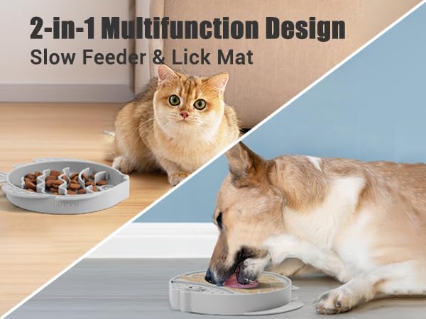 Coomazy 2-in-1 Silicone Slow Feeder Dog Cat Bowls, Lick Mat Interactive Puzzle Toy for Pets Dry/Wet Food Training, Keeps Dogs Cats Busy, Prevents Puppy Kitty Overeating (Avocado, 1.2 Cup)