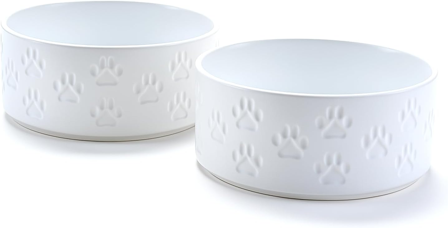 SPUNKYJUNKY Ceramic Dog and Cat Bowls 2 Pack, 6.1'' Dog and Cat Food Water Double Feeding Bowls Non-Slip for Large Sized Breed Microwave Dishwasher Safe - 28.7 OZ, 2pcs, Paw White