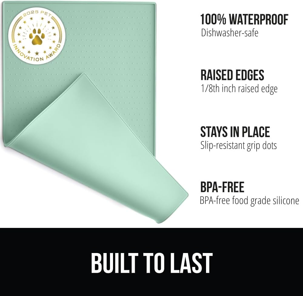 GORILLA GRIP 100% Waterproof Raised Edge BPA Free Silicone Pet Feeding Mat, Dog Cat Food Mats Contain Spills Protects Floors, Placemats for Cats and Dogs Water Bowl, Pets Accessories 32x24 Mint