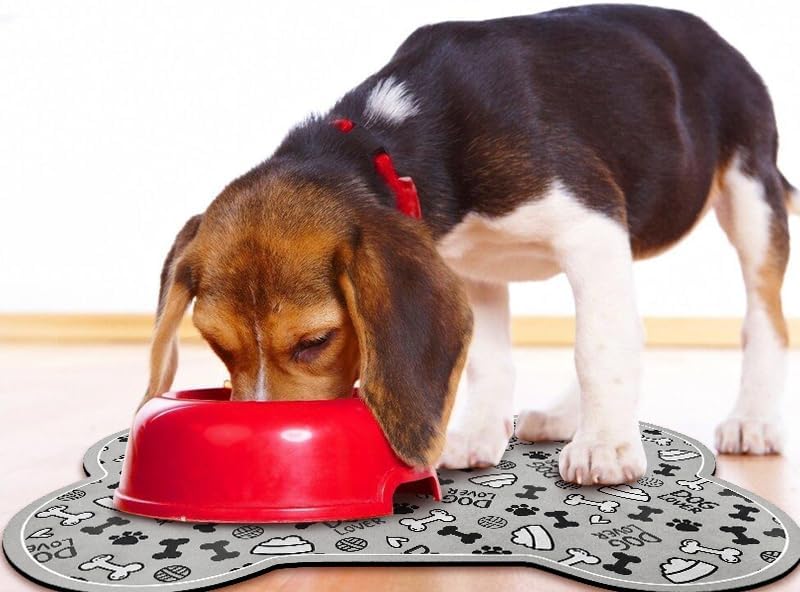 Dog Food Mats for Floors Waterproof, Pet Feeding Absorbent Water Bowl Mat Cat Placemats Gray Bone Shape 25.5 * 17 inch