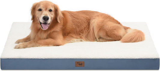 Outdoor Dog Beds for Extra Large Dogs, XL Pet Bed for Large Sized Dog, Egg Crate Foam Pet Bed with Removable Washable Oxford Cooling Cover, Blue White