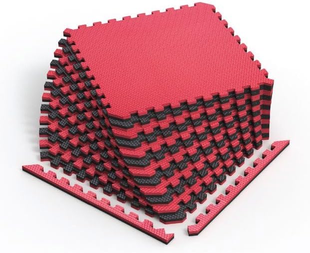Norsk Reversible Gym Exercise Mats 3/4" Thick EVA Interlocking Foam Tiles, Perfect Home Gym Flooring, 28 Tiles & 56 Trim Pieces, 112 Sq. Ft. Reversible, Red/Black