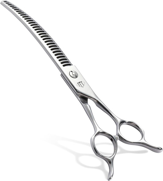 Professional Dog Grooming Scissors, 85% Thinning Rate, 25° Curved Blade, JP440C Steel, 7.0" Ergonomic Handle
