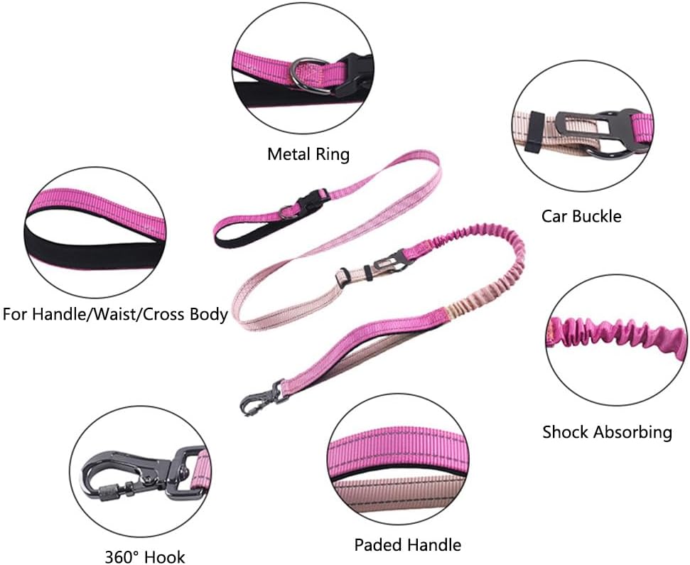 Hands Free Dog Leash for Large Medium Dogs Heavy Duty Bungee Reflective Adjustable Waist Leashes for Walking Running with Car Buckle 4-6FT (Rose)