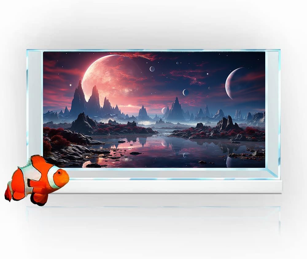 48X24IN Cosmic Spaceterrarium Background, Cool Parallel Space Themed Aquarium Reptile Habitat Background, Red Moon Aquarium Background with 10EVA Double-Sided Tape