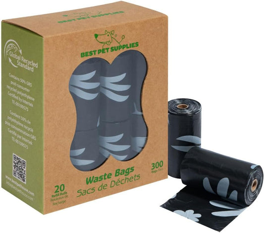 Best Pet Supplies Poop Bags for Dogs, 50% Post-Consumer Recycled Content dog waste bags on rolls, fits all poop bag holders for leashes - Black, 300 Count, Unscented