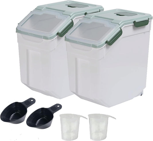 AnRui Airtight Flour Storage Container 25lb, Plastic Grain Storage Bucket, Rice Cereal Dispenser Organizer Box with Lid, Cat Dog Food Storage Bin with Measuring Cup, Scoop, Wheels, 2Pcs Green