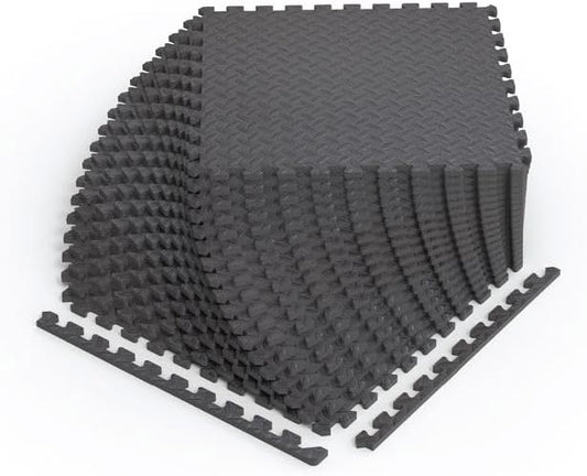 Norsk Foam Floor Gym Mats with Interlocking Tiles, .47" Thick, 24"x24", 60-Pack, 240 Square Feet, Diamond Plate Design, Grey