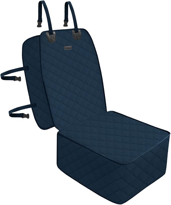 Dog Car Front Seat Cover with Side Flaps & Buckle Straps for Pet, 100% Waterproof 600D Oxford Single Seat Protector Heavy Duty Quilted Scratch Proof, Universal Size for SUV Truck, Blue