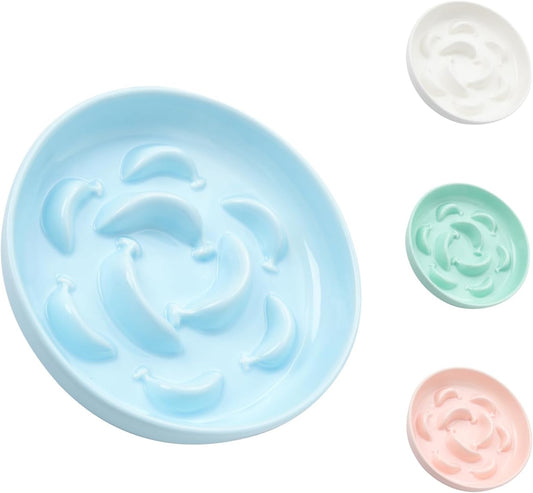 Ceramic Cat Slow Feeder Bowl - Pastel Series Cat Plate for Dry and Wet Food - Cute Maze Feeder Dish for Healthy Eating - Dishwasher Safe - 6.3''W x 1.2''H - 7 OZ - Pale Blue