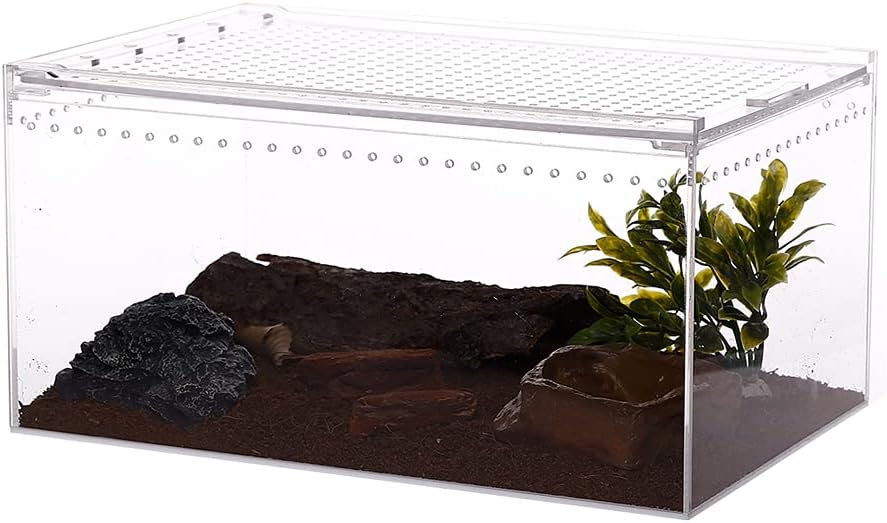 NANEEZOO Magnetic Acrylic Large Enclosure 2.5 Gallon 12 x 8 x 6 Inch Reptile Breeding Box Terrarium Cage for Insect Tarantulas Amphibians Caterpillars Snail Clear Acrylic Reptile Feeding Box