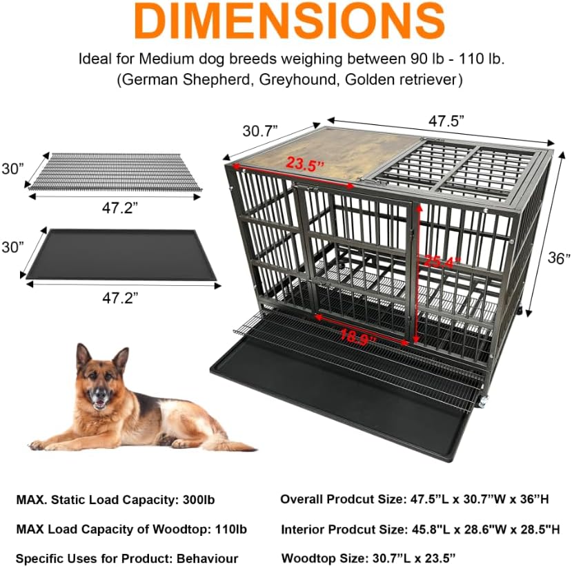 48/38 Inch Heavy Duty Funiture Dog Crate with Wheels, Indestructible and Escape Proof Wooden Kennel Indoor for High Anxiety Dogs with Sturdy Locks, Double Door and Tray, Extra Large XL XXL