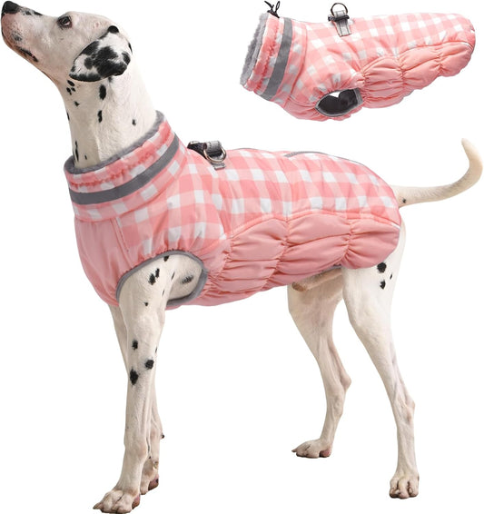 FUAMEY Dog Coat for Large Dogs,Waterproof Dog Winter Jacket with Harness Built in Puppy Cold Weather Coats Reflective Pet Vest with Zipper Warm Fleece Dogs Snowsuit Windproof Pink Plaid XL