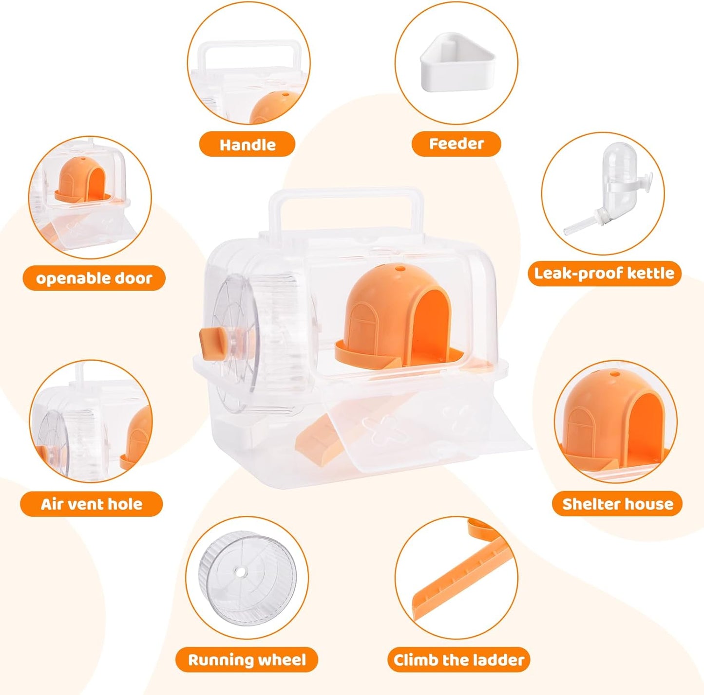 Portable Hamster Travel Carrier Cage,Outdoor Small Pets Breathable Cage,Multifunctional Guinea Pig Carrier with Water Bottles, Running Wheels, Ladders, Dodge Houses and Feeders (Orange, Style B)