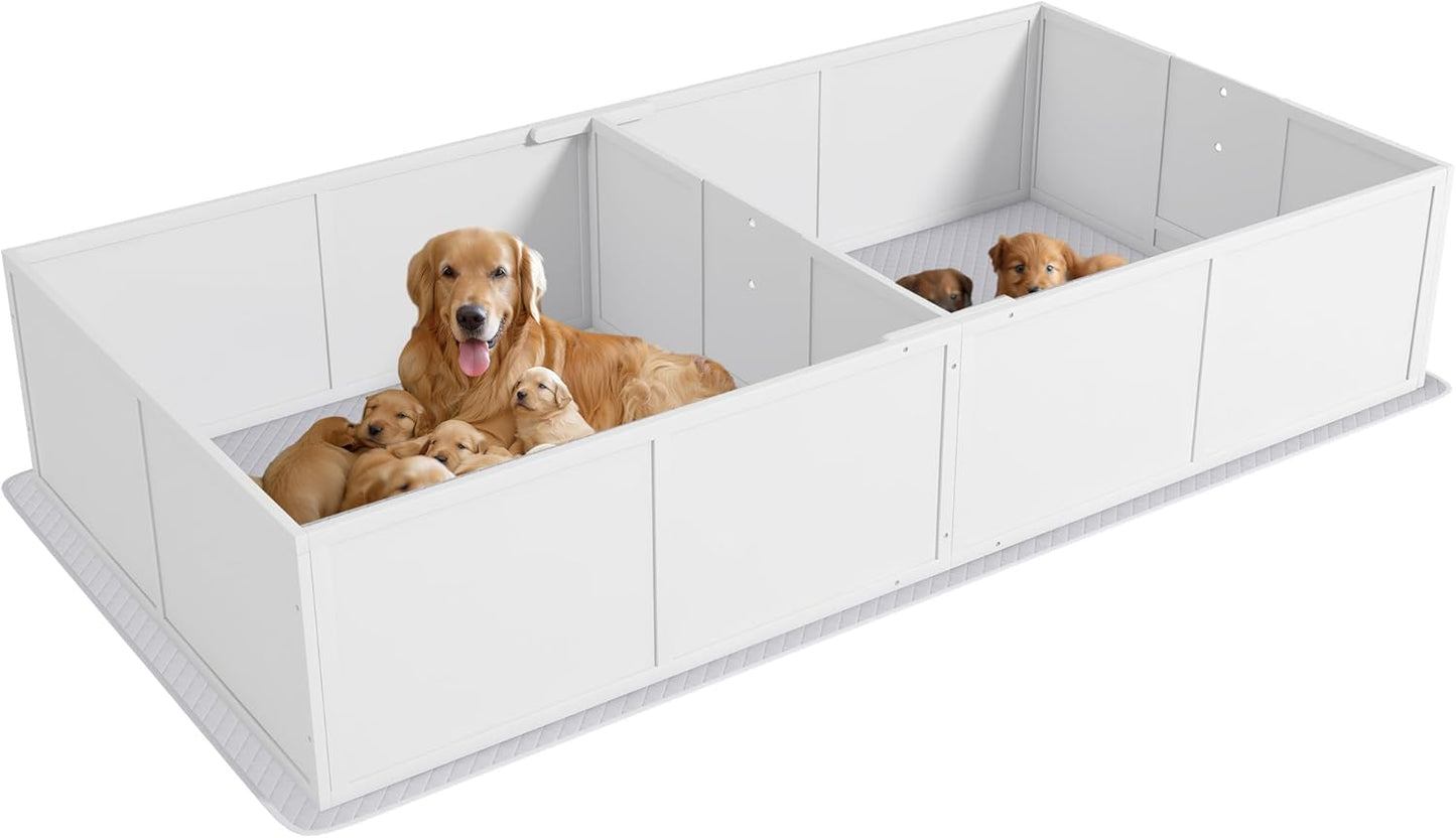 PawHut Whelping Box for Dogs and Puppies, Whelping Pen with Washable Waterproof Pee Pad & Adjustable Door for Large, Medium and Small Dogs, White, 96" x 47" x 19"