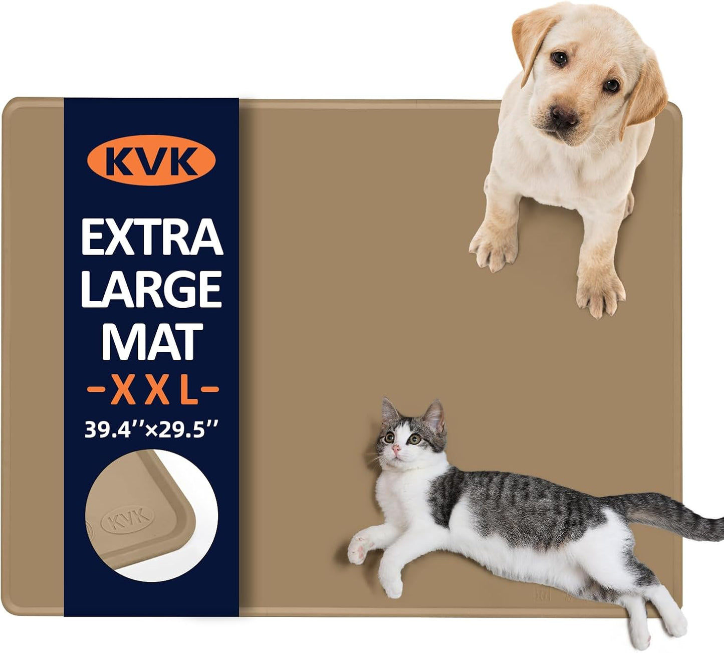 KVK Dog Food Mat, 39.4×29.5in Extra Large Silicone Pet Feeding Mat - Waterproof, Non - Slip, Chew - Resistant for Food & Water, Protect Floors (Brown)