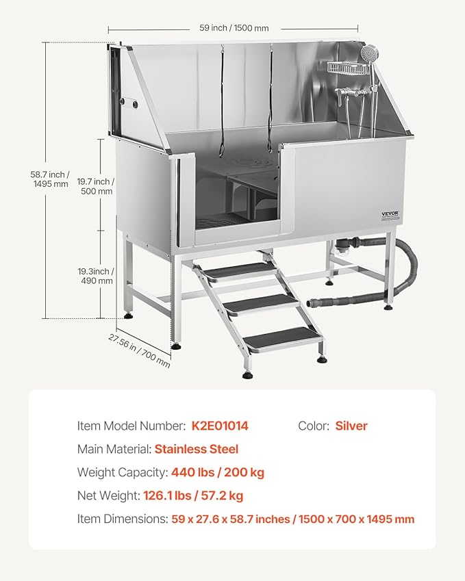 VEVOR Stainless Steel Dog Washing Station, Professional 62 inch Pet Grooming Tub w/Stairs, PE Water Filter Board, Faucet & Showerhead & Soap Holder Bathtub for Large & Medium & Small Pets (Left Door)