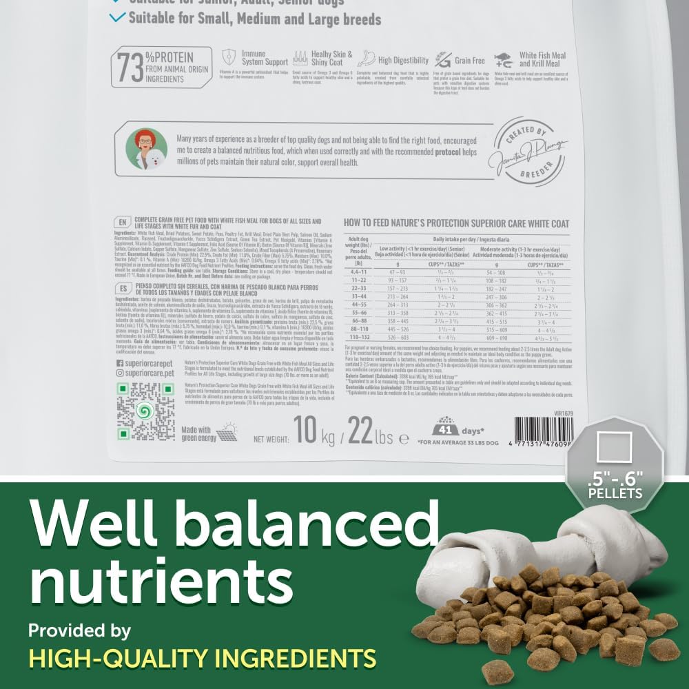 Nature's Protection Dry Dog Food for Puppy & Adult - High Protein, Grain Free Tear Stain Formula - Dog Kibble for Small, Medium & Large Breed with Light Coat (Superior Care - White Fish, 22 lb)