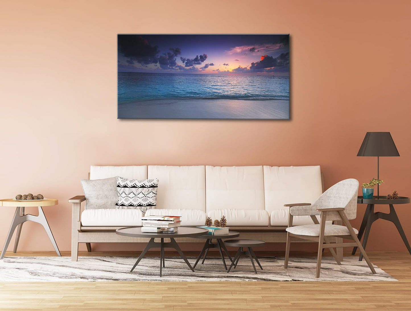 Blue Ocean Sunset Canvas Wall Art – Framed Seascape Painting, Coastal Landscape Nature Decor for Living Room & Bedroom (24x48 Inch)
