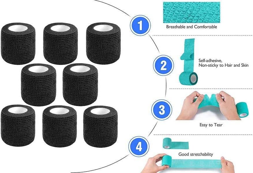 Self Adhesive Bandage Wrap,2 Inch Black Breathable Elastic Cohesive Bandages, Vet Wrap Sports Tape Bulk for First Aid Supplies, Wrist Sprains Protection