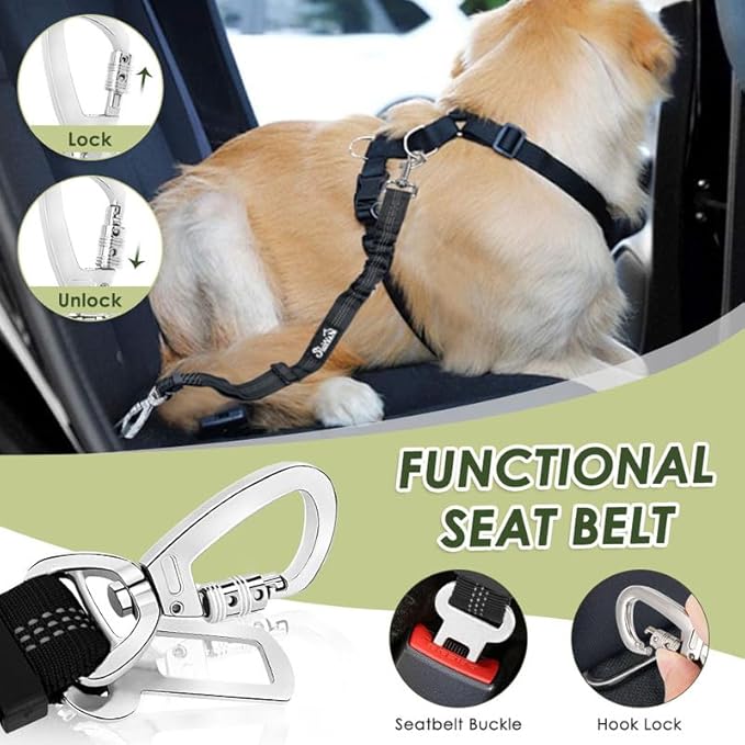 SlowTon Dog Seat Belt Harness for Car, Dog Car Harness Adjustable Mesh Breathable & Dog Seatbelt Safety Tether with Elastic Bungee for Small Medium Large Pets(Green, Double Clip, S)
