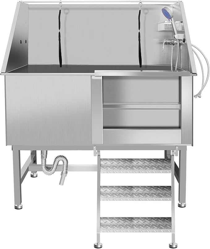 50" Dog Bathing Station, Professional Dog Washing Station Stainless Steel Dog Grooming Tub for Home,Equipped with Three Anti-Slip Steps, Removable Door, Pet Wash Station for Pet (50" Right ramp)