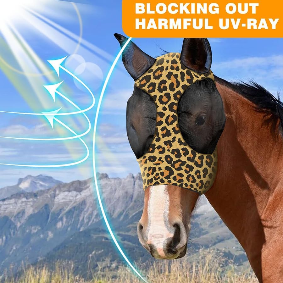 Horse Fly Mask with Ears - Comfort Fit, Durable & Breathable, Easy to on/Off | UV Protection, Large Eye Space, Stretchy Leopard Print (2pcs Large, Tangle-Free)