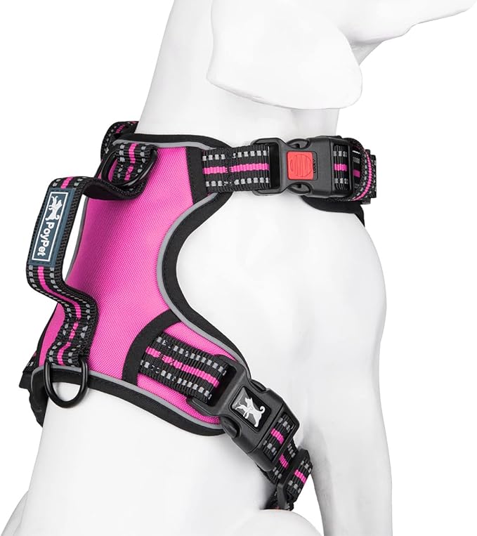 PoyPet No Pull Dog Harness, No Choke Front Clip Reflective Dog Vest with Soft Padded Vertical Handle, 3 Leash Attachments for Small Medium Large Dogs (Pink,M)