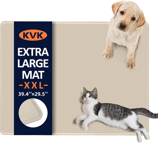 KVK Dog Food Mat, 39.4×29.5in Extra Large Silicone Pet Feeding Mat - Waterproof, Non - Slip, Chew - Resistant for Food & Water, Protect Floors (Cream)