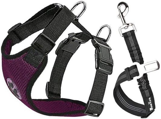 SlowTon Dog Seat Belt Harness for Car, Dog Car Harness Adjustable Mesh Breathable & Dog Seatbelt Safety Tether with Elastic Bungee for Small Medium Large Pets(Burgundy, Single Clip, L)