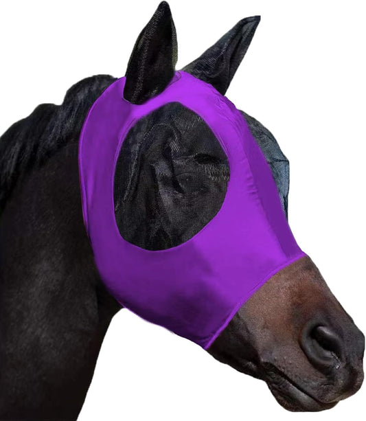 Horse Fly Mask with Ears, Comfortable Fit Stretch Fabric with UV Protection Soft on Skin Breathability for Small/Medium Size Horses (Purple)