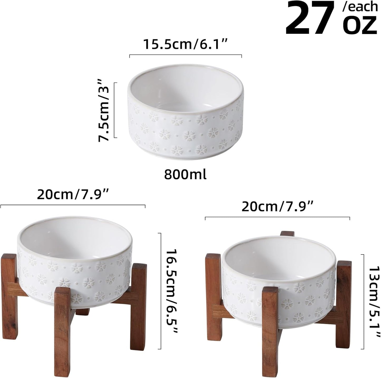 Ceramic 6.1inch Raised Dog and Cat Bowl Set, 2 Heights Elevated with Acacia Wood Stand, Food and Water Bowl for Small Breed Dogs, Weighted Dog Dishes(27oz, Arctic White)