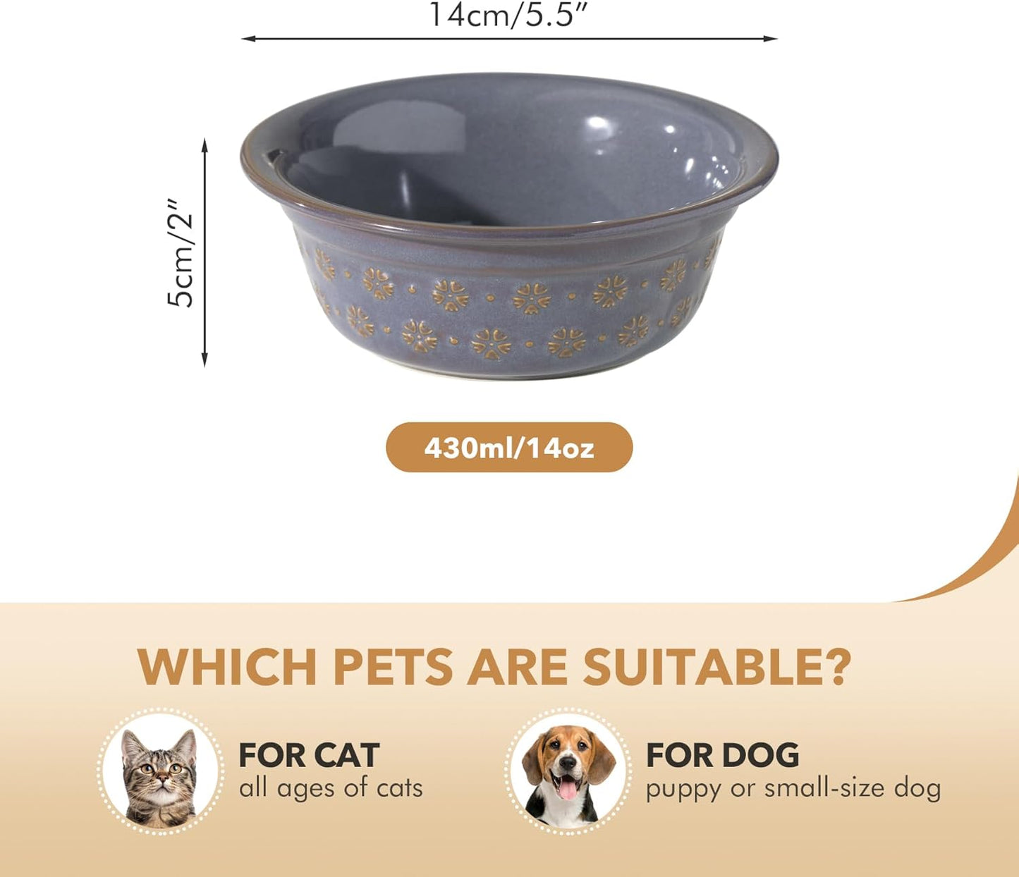 5.5inch Ceramic Set of 2 Dog and Cat Bowls, 2pcs Basic Food and Water Dishes for Puppy, Kitty, Wide Opening Rounded Edge (2 Bowls, Reactived Glaze -Grey)