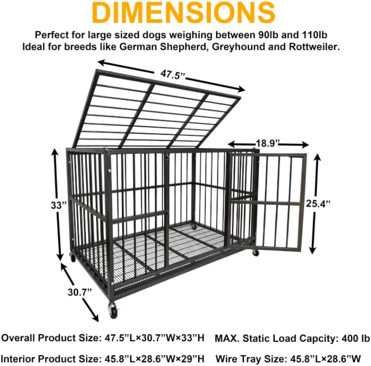 54/48/42/38 Inch Heavy Duty Dog Crate Cage with Wheels, Indestructible and Escape Proof Steel Kennel Indoor for High Anxiety Dogs with Sturdy Locks, Double Door and Tray, Extra Large XL XXL
