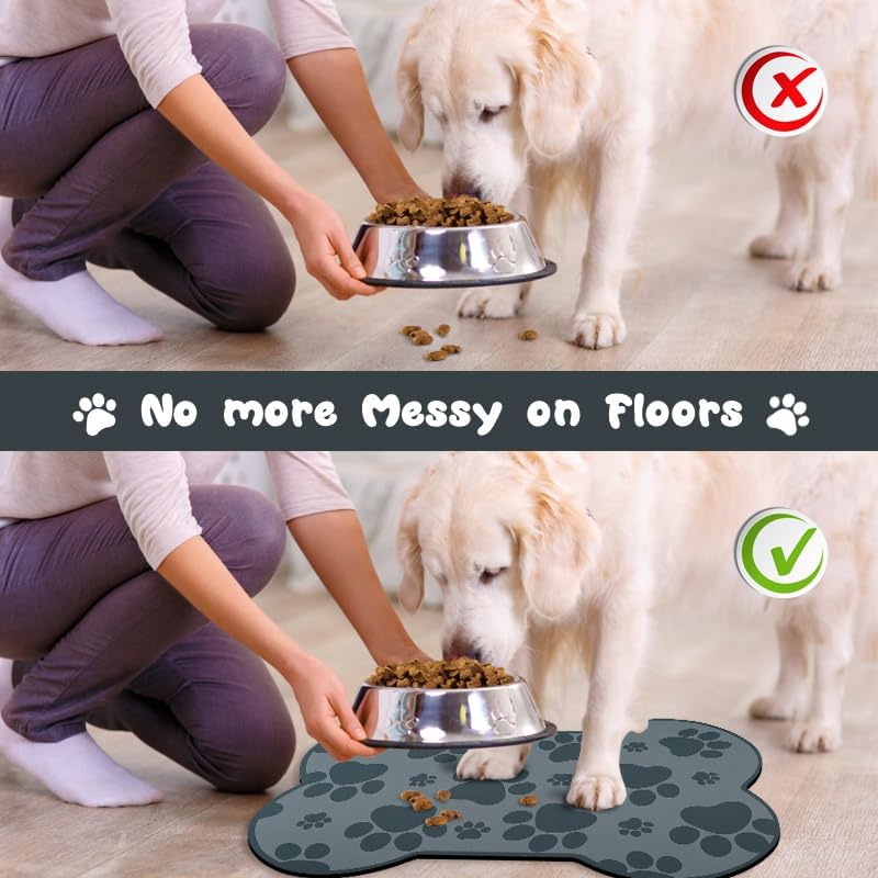 Dog Food Mats for Floors Waterproof, Pet Feeding Absorbent Water Bowl Mat Cat Placemats Gray Bone Shape 23.6 * 15.7 inch