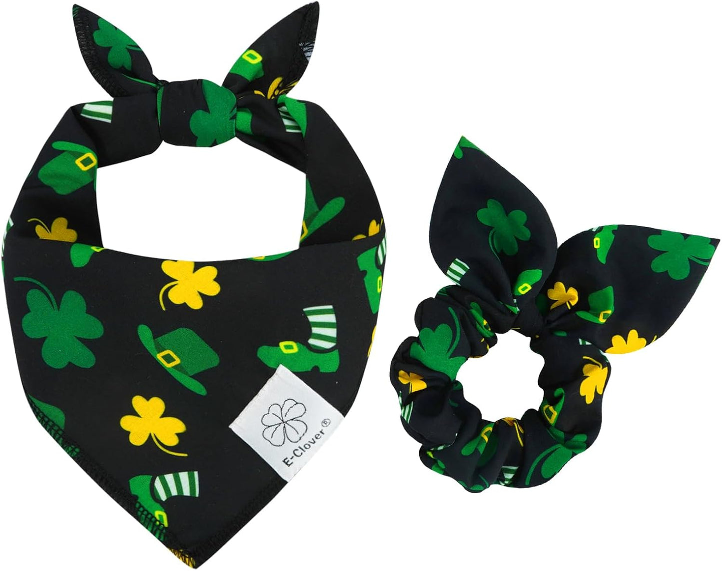 E-Clover Dog Bandana Boy & Matching Scrunchie-Shamrock Dog Bandanas Irish Pet Scarf Bib for Samll Dogs Puppy Girl Owner Gift Dark Green